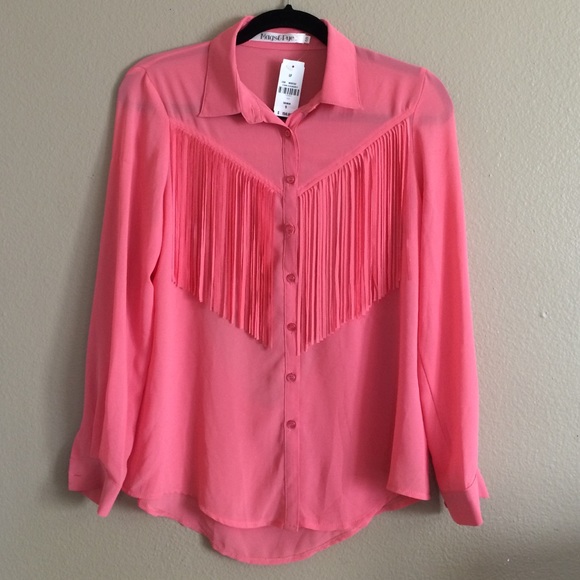 LF Size small salmon pink fringe button up top