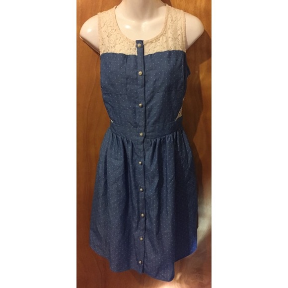 NWOT Cute Denim lace polka dot dress