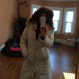 Michael Kors cream, fur lined hood  long coat