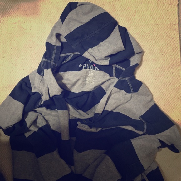 Pink hooded long open sweater blue and grey stripe