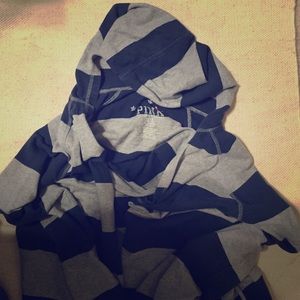 Pink hooded long open sweater blue and grey stripe