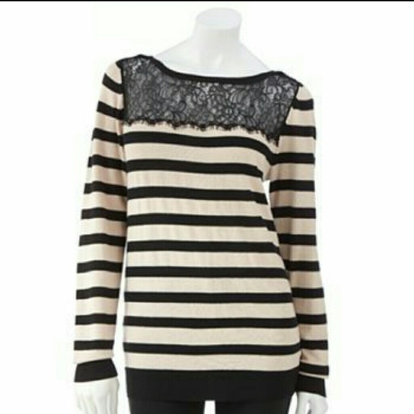 Black and cream striped sweater with lace accent