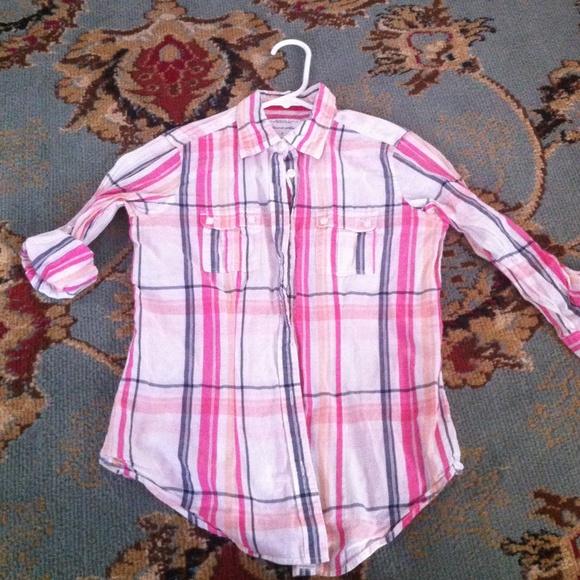 Navy peach pink button down plaid top