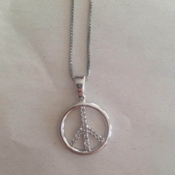 Sterling silver Peace sign diamond necklace