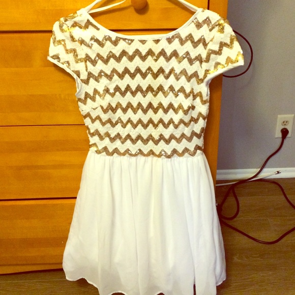 Rue 21 dress, white w/gold chevron stripes.
