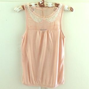 Light pink tank top with sheer & lace collar