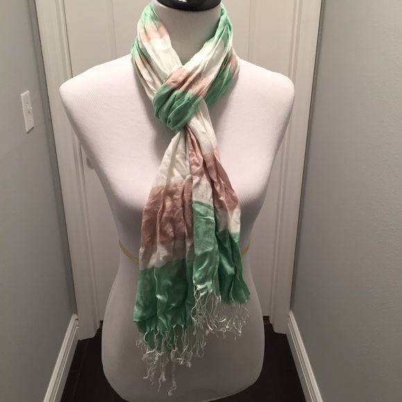 Mint Green, Khaki, and White Scarf with Fringe