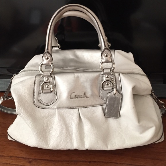 White and silver leather coach purse