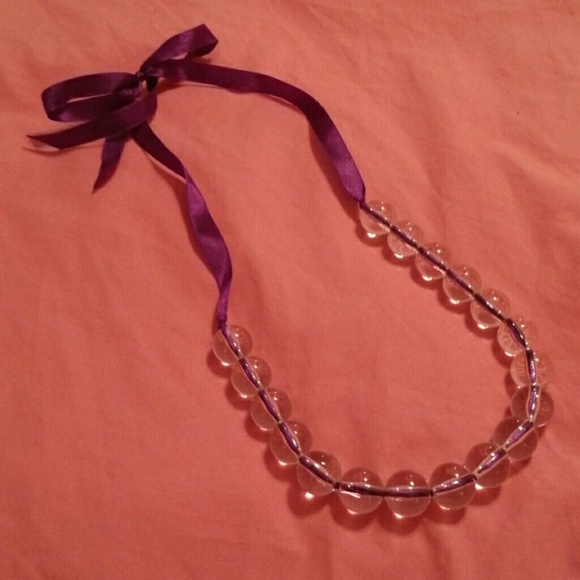 Purple ribbon necklace with clear beads
