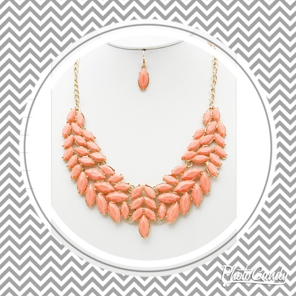 Coral and gold tear drop statement necklace