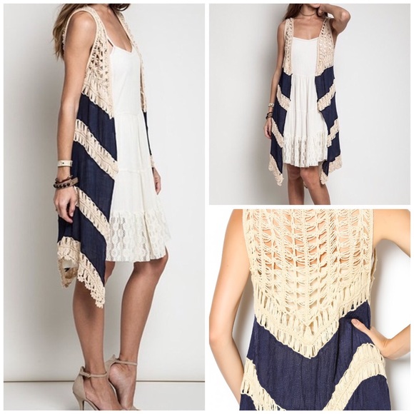 HP🎉Elegant Crochet Navy Long Vest - Picture 3 of 6