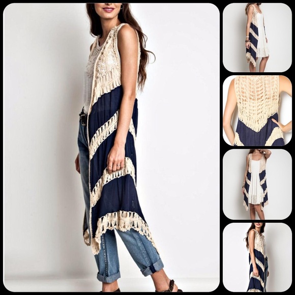 HP🎉Elegant Crochet Navy Long Vest - Picture 2 of 6