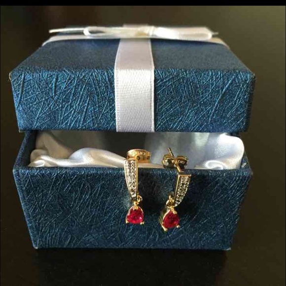 CZ and red stone tear drop earrings