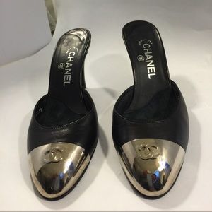 Chanel Black Mules Silver Tipped with Classic Logo