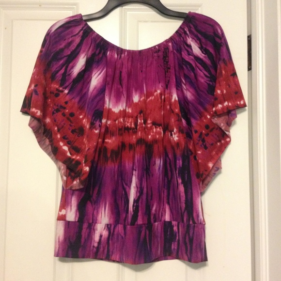 Red and purple tie dye top with fluttery sleeves