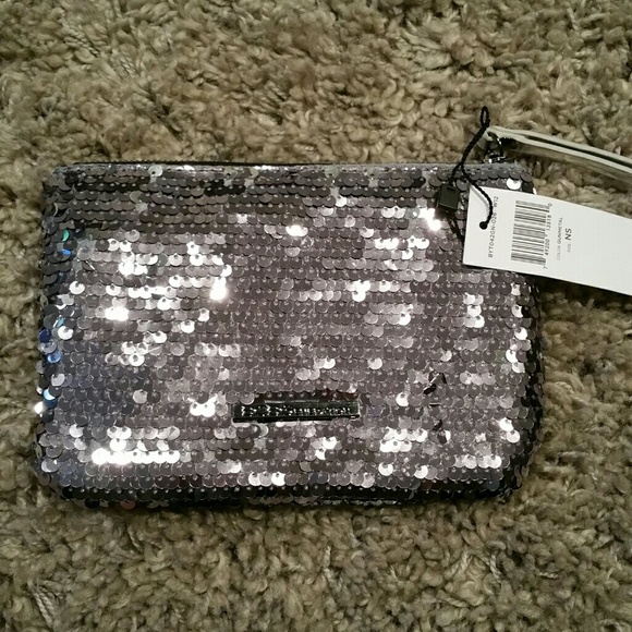 NEW BCBG silver sequin wristlet