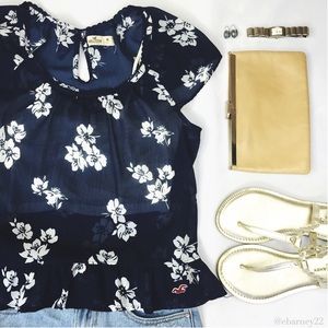 Hollister Blue and White Sheer Flowered Shirt