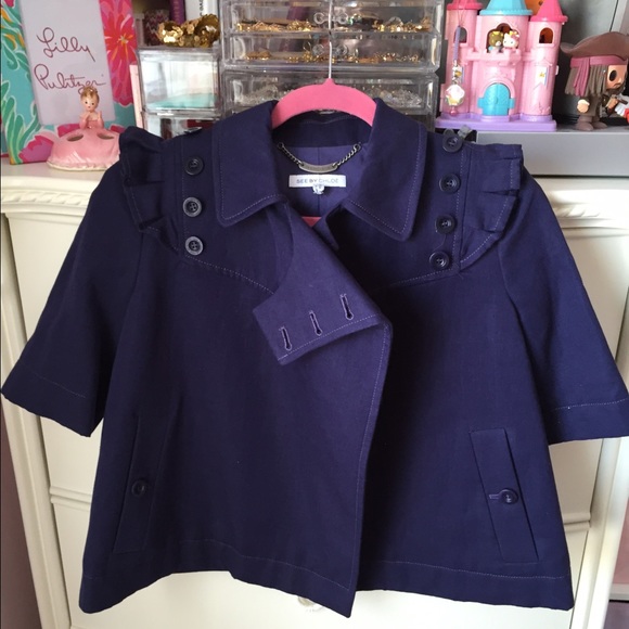 New! See by Chloe Navy Ruffle Crop Jacket Coat - Picture 3 of 4