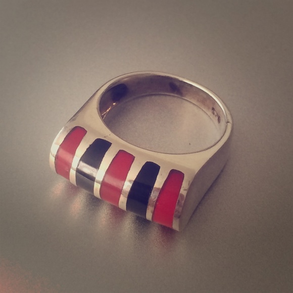 Sterling Silver Ring with Red & Black Stones