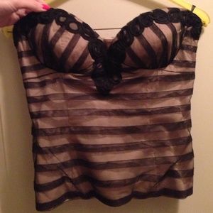 NWT Bebe bustier top, nude with black lace overlay