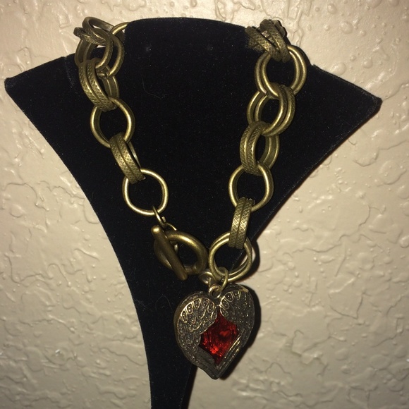 Lightweight Bronze tone red heart with wings bracelet