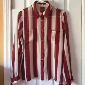 Chiffon red and white strip collar shirt