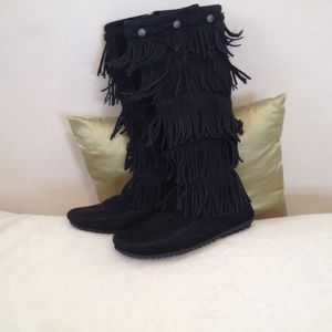 Tall black Minnetonka fringe boots