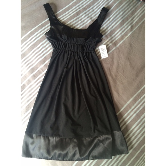 SALE! NWT Black Dress, Gathered Waist, Satin Trim - Picture 1 of 4