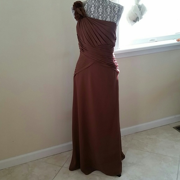 Cocoa colored, one shoulder, chiffon dress