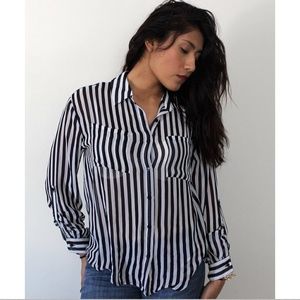 Black & White Striped Button Up Sheer Blouse