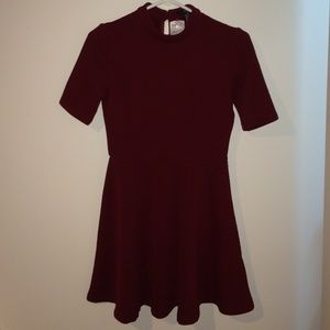 burgundy mock neck fit & flare dress