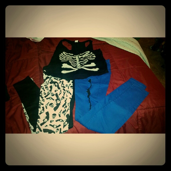 Royal blue lovesick jeans and b&w skull jeans