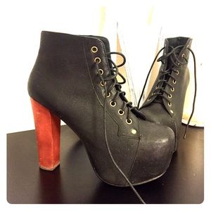Jeffrey Campbell black booties with wood heel