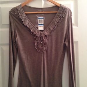 INC Ruffled v-neck top with blingy button