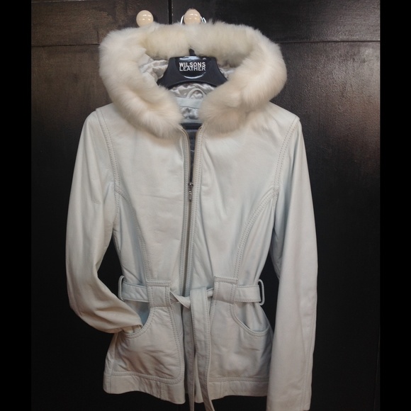 Leather jacket with faux fur trimmed hood