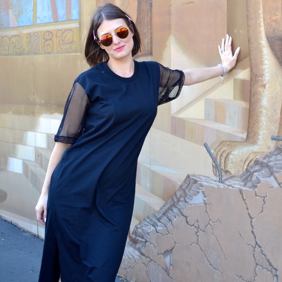So intl Dresses & Skirts - Side-Slit Black Midi Dress (Mesh sleeves)