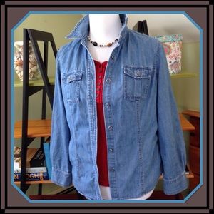 Blue chambray shirt, medium weight denim.