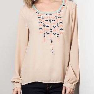 Embroidered Neckline Blouse with Mint Trimmings