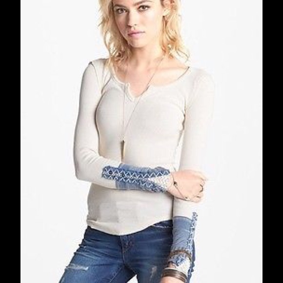 Free People White Thermal with Blue Embelishments