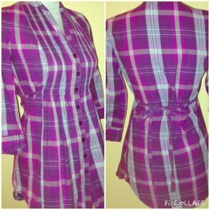 Dark Purple plaid pleated button-down top
