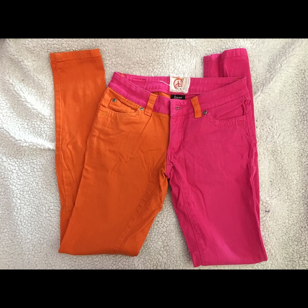 Pink and orange color-blocked skinny jeans