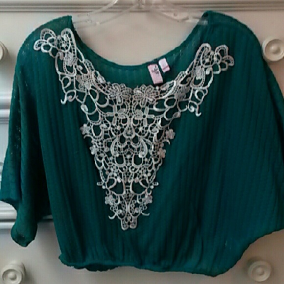 Teal crop sweater with embroidery