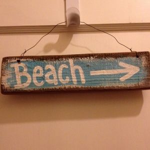 Blue-Painted Wood "Beach" Sign