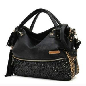 Black sequin and cheetah purse