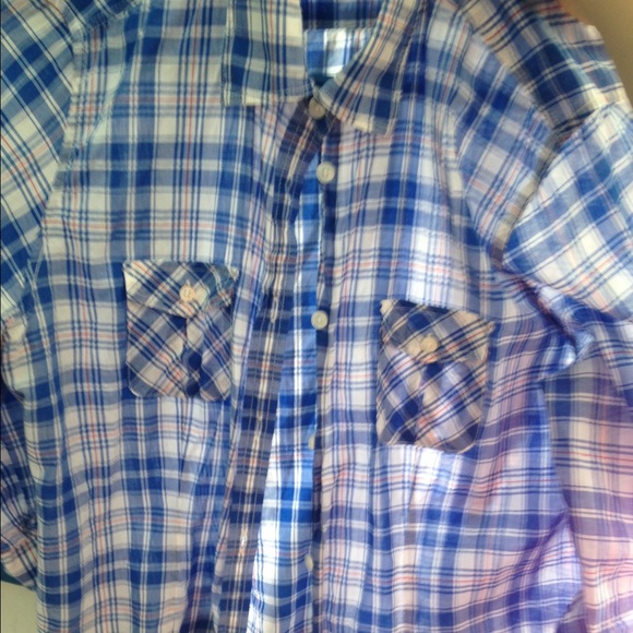 Light blue, white, and coral plaid shirt - Picture 1 of 2