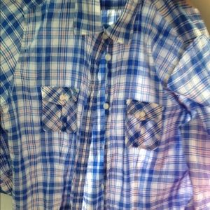 Light blue, white, and coral plaid shirt