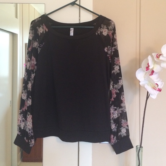Soft Black Sweatshirt with sheer Floral sleeves