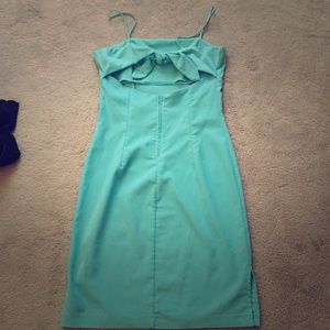 Aqua blue bow back dress.