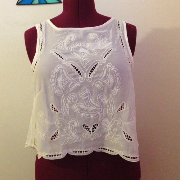 White Embroided "lace" like tank with open back