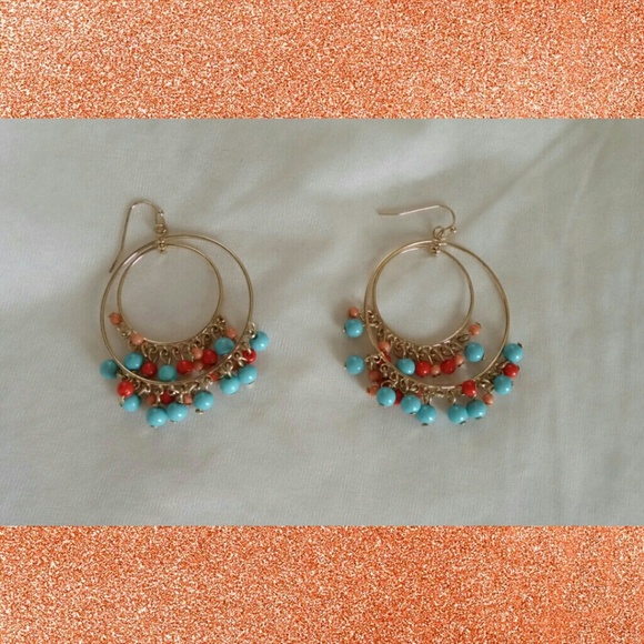 Blue and coral beaded hoop earrings